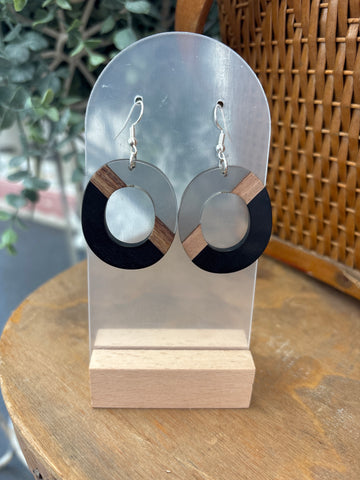 Black, Grey & Wood Oval Resin Drop Earrings