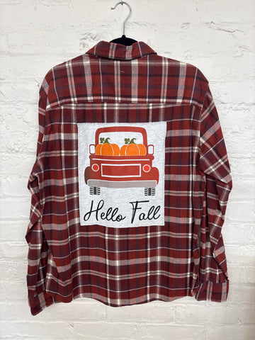 Repurposed Flannel Shirt with Hello Fall Patch