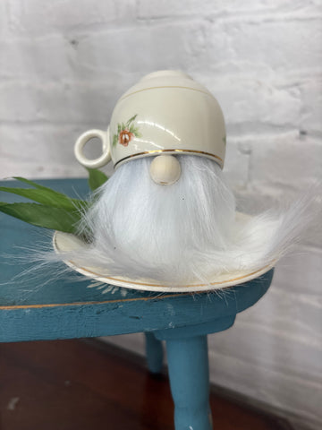 Cream Rose + Leaves Teacup Gnome