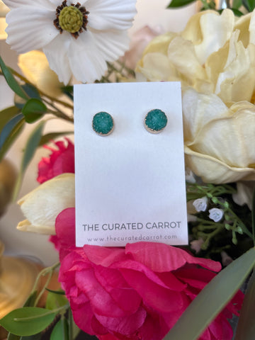 Gold Green Druzy Stud Earrings