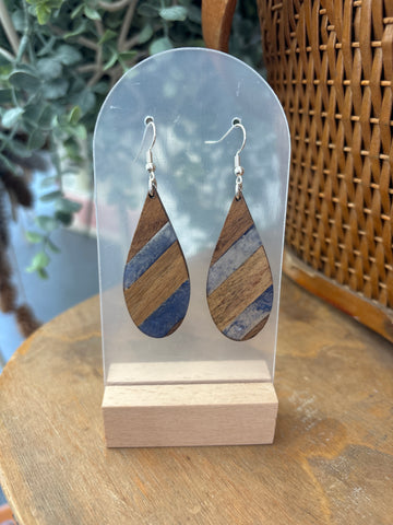 Smoky Blue & Wood Large Teardrop Resin Drop Earrings