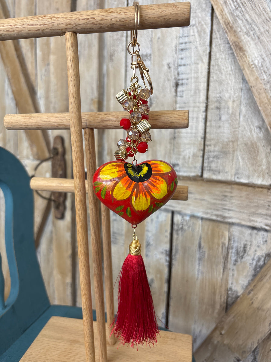 Red Painted Heart Beaded Keychain With Tassel