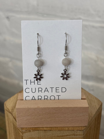 Silver Flower with Cloudy White Bead Drop Earrings