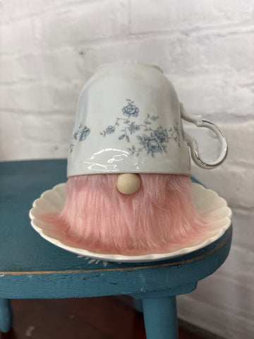 Blue Floral + Pink Beard Teacup Gnome