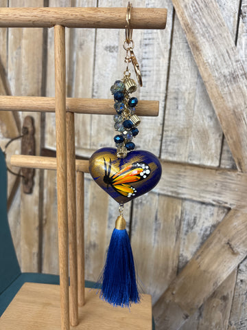 Blue Painted Heart Beaded Keychain With Tassel