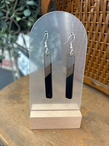 Black, Grey & Wood Resin Drop Earrings