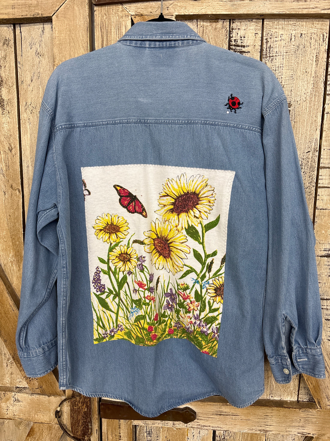 Repurposed Denim Shirt with Flowers Patch