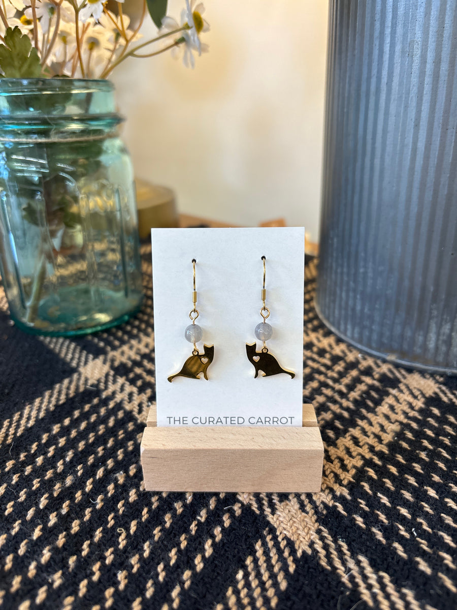 Gold Sitting Cat with Cloudy Grey Bead Drop Earrings