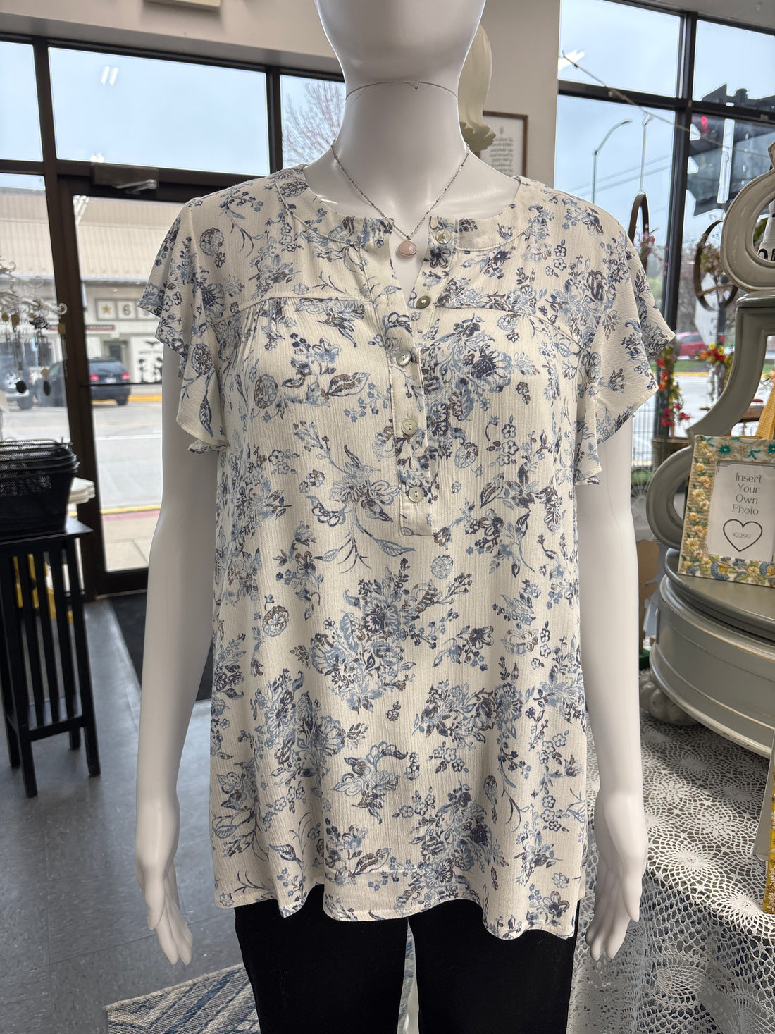 White/Blue Floral Flutter Sleeve Top