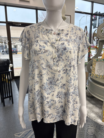 White/Blue Floral Flutter Sleeve Top