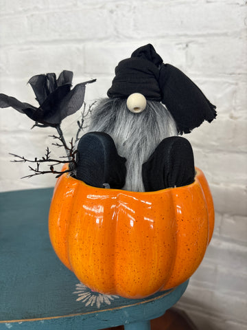 Black Floral Pumpkin Gnome
