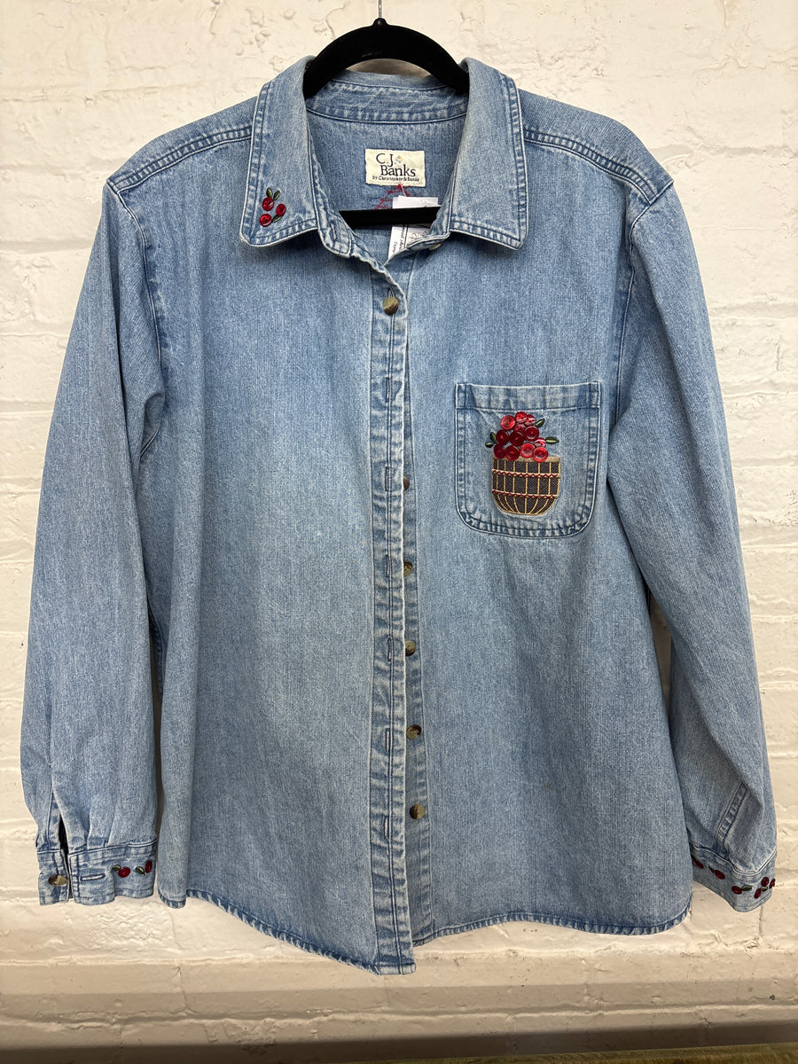 Repurposed Shirt with Sunflower + Button Cherries Patch