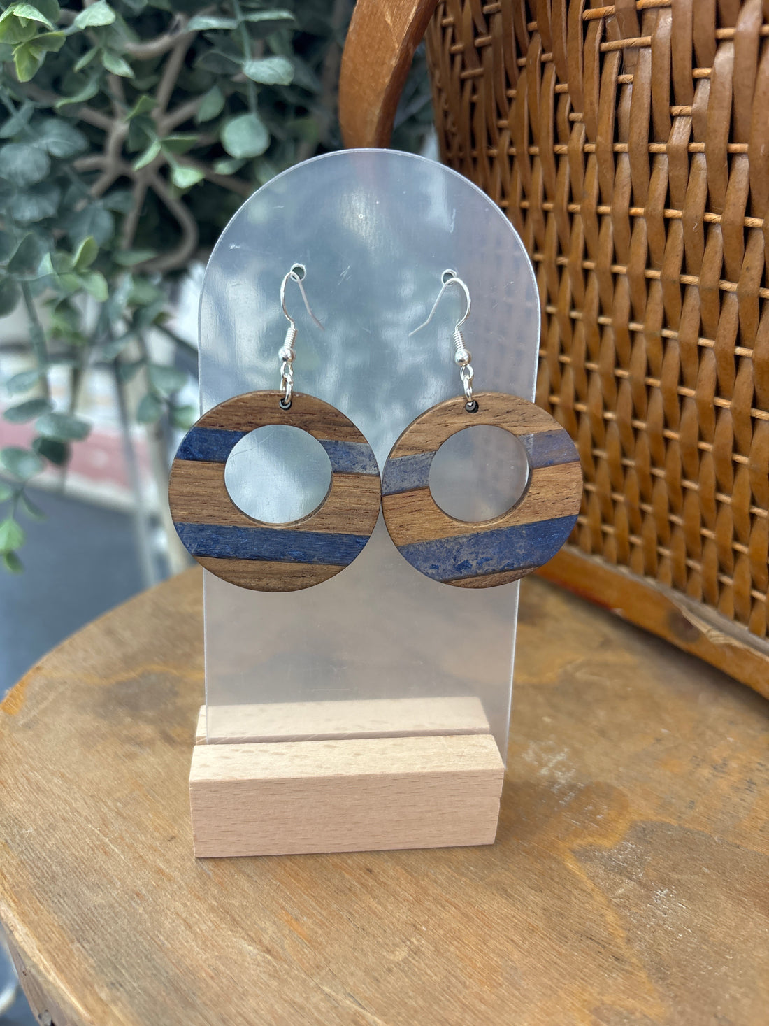 Smoky Blue & Wood Circle Resin Drop Earrings