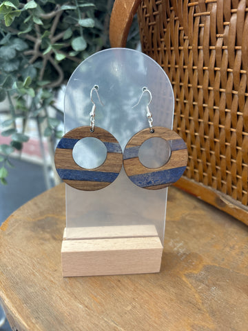 Smoky Blue & Wood Circle Resin Drop Earrings