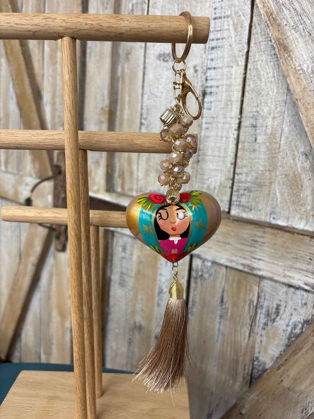 Sandy Pink Painted Heart Beaded Keychain With Tassel