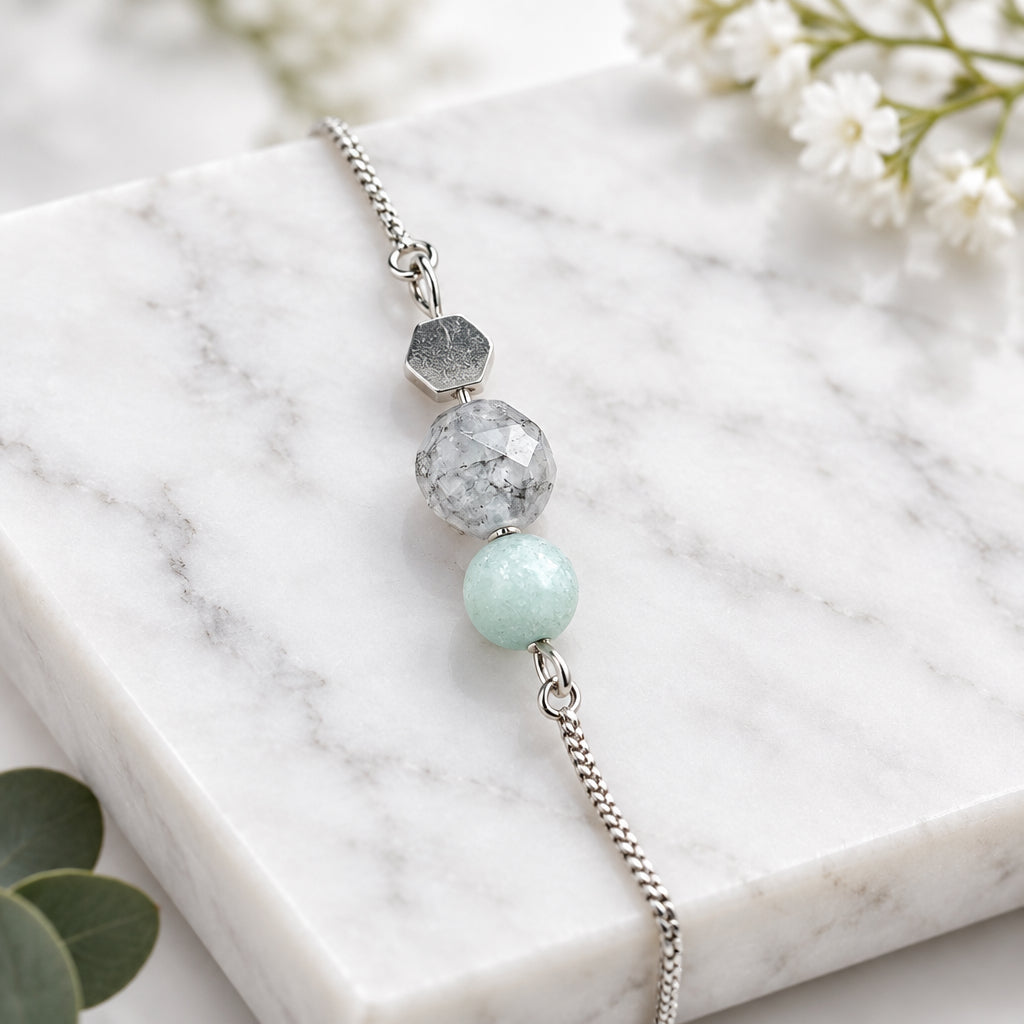 Silver Grey Marble Gem + Light Green Slider Bracelet