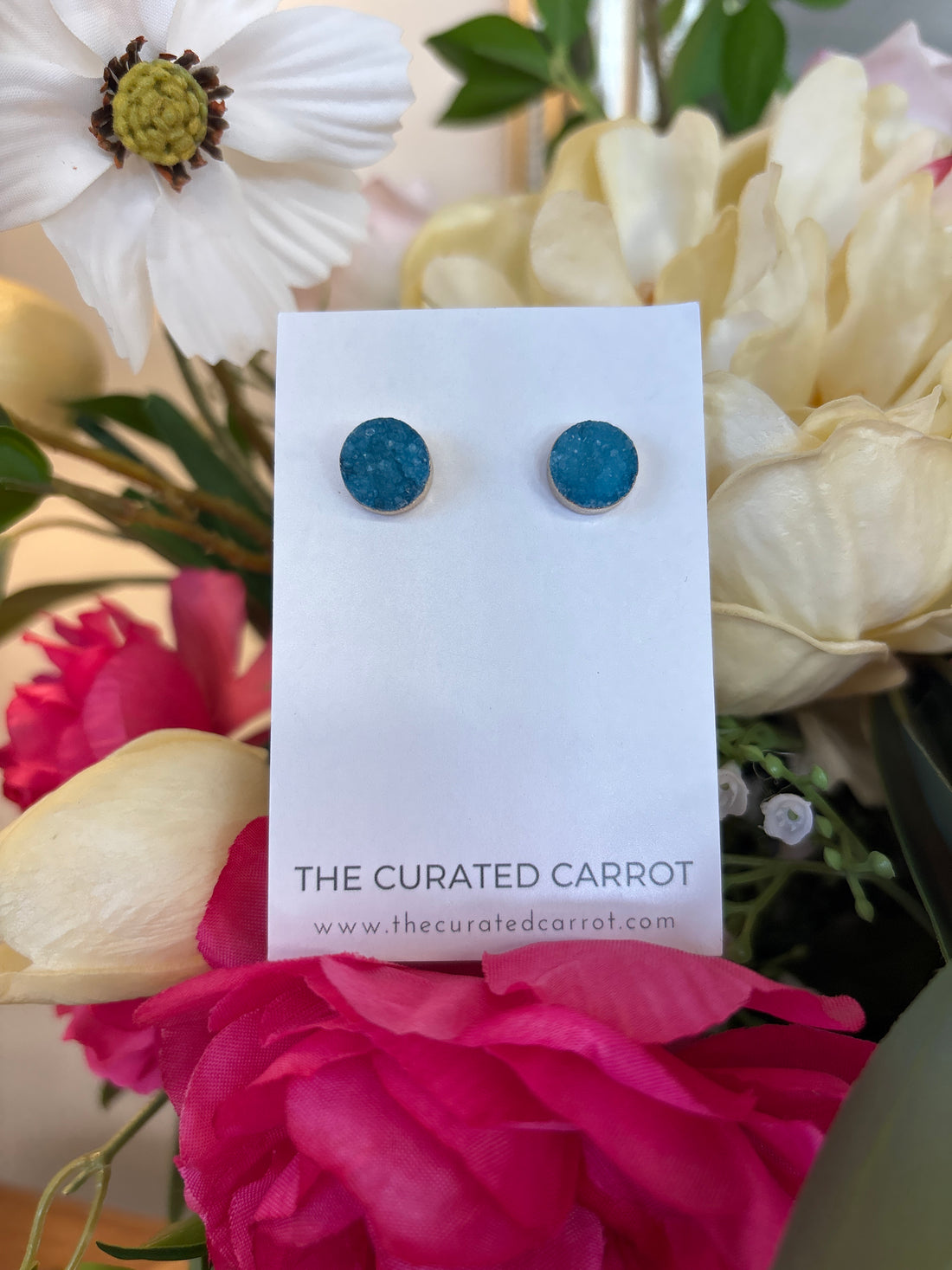 Gold Blue Druzy Stud Earrings