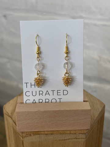 Gold Pinecone with Clear Bead Drop Earrings