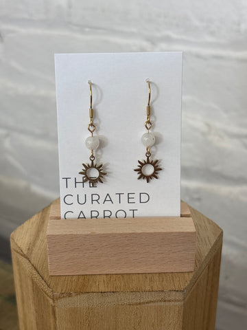 Gold Sun with White Bead Drop Earrings