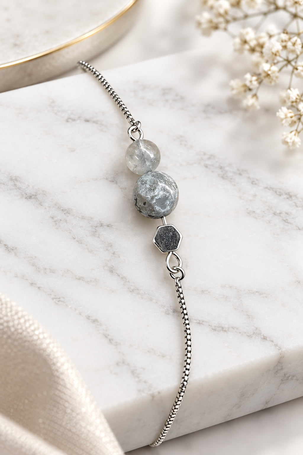 Silver Grey Marble Gem + Grey Slider Bracelet