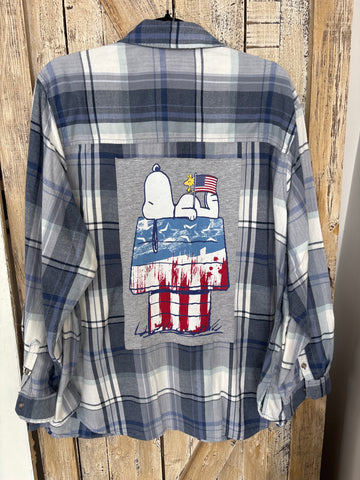 Repurposed Flannel Shirt with Patriotic Dog on Doghouse Patch