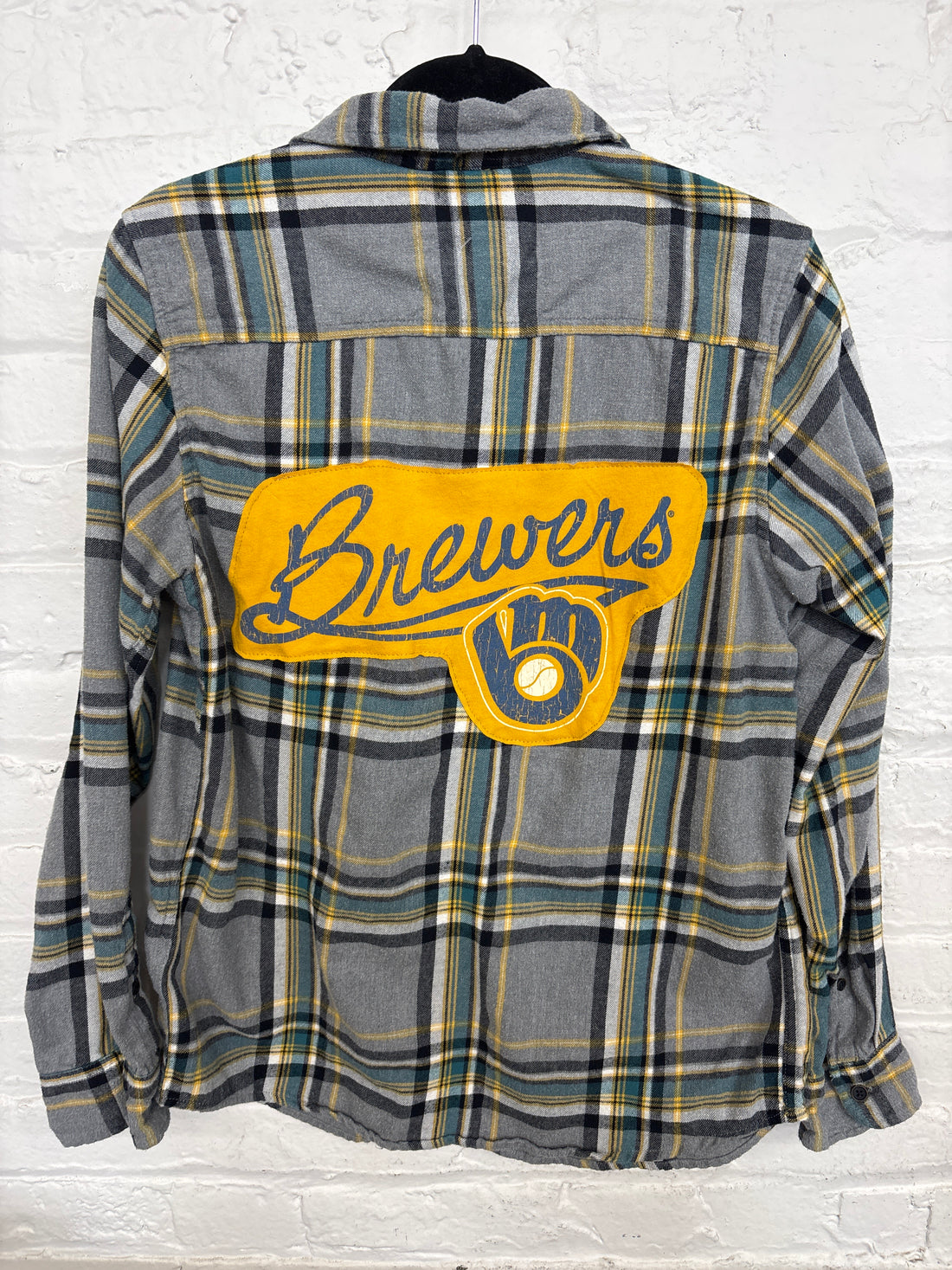 Repurposed Flannel Shirt with MKE Baseball Glove Patch
