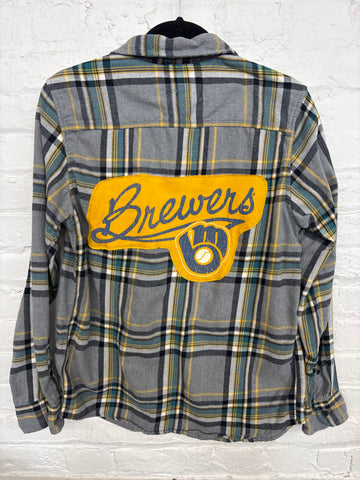 Repurposed Flannel Shirt with MKE Baseball Glove Patch