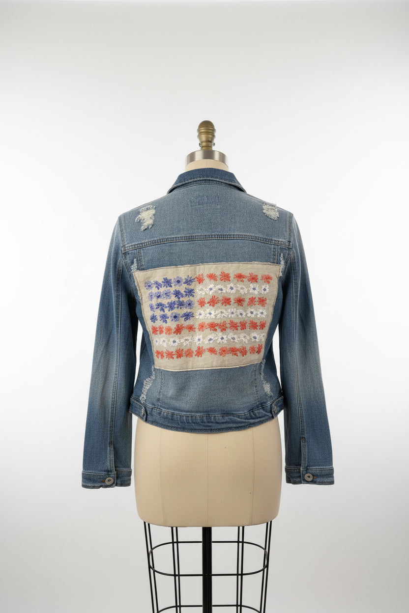 Repurposed Jacket with Flower Flag Patch