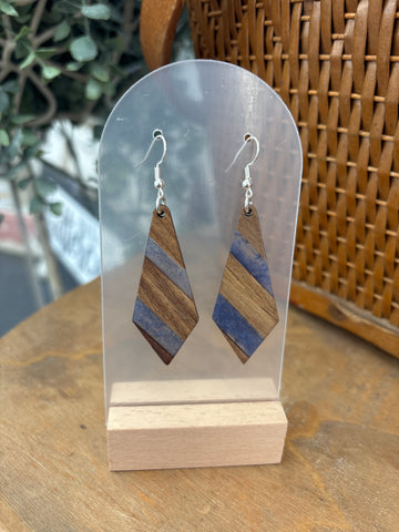 Smoky Blue & Wood Big Tie Resin Drop Earrings