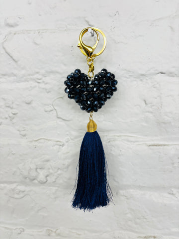 Navy Heart Beaded Keychain With Tassel