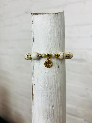 Adjustable White Beaded Charm Bracelet