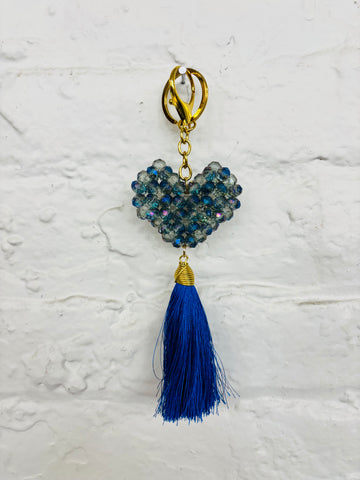 Blue Heart Beaded Keychain With Tassel