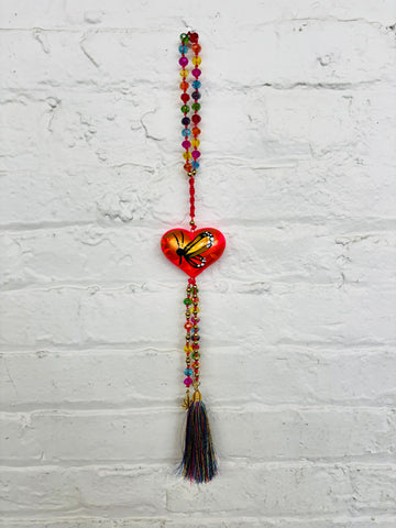 Pink Painted Heart Beaded Car Decor With Tassel