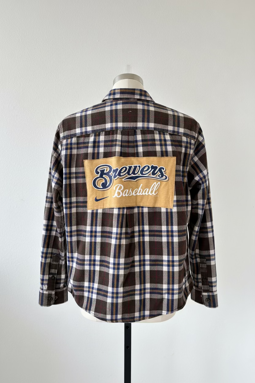 Repurposed Flannel Shirt with Brewers Baseball Patch
