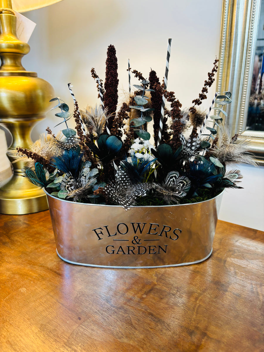 Pheasant + Guinea Fowl Arrangement - Flowers & Garden Tin