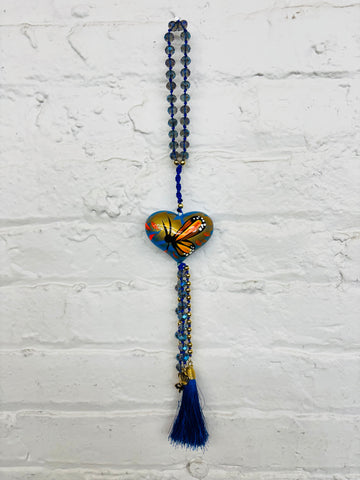 Blue Painted Heart Beaded Car Decor With Tassel