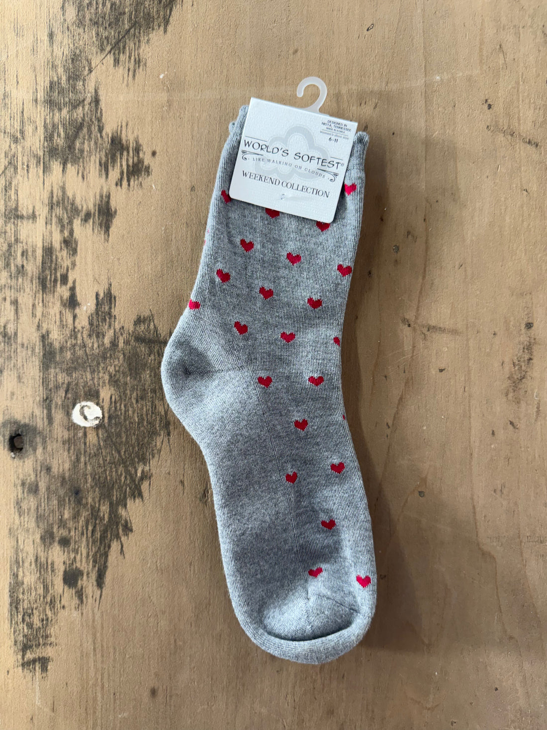 Mini Crew Scallop Heart - Heather Grey/Red Hearts