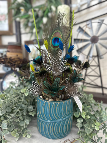 Pheasant, Peacock + Guinea Fowl Feather Flowers in Blue Pot - Small