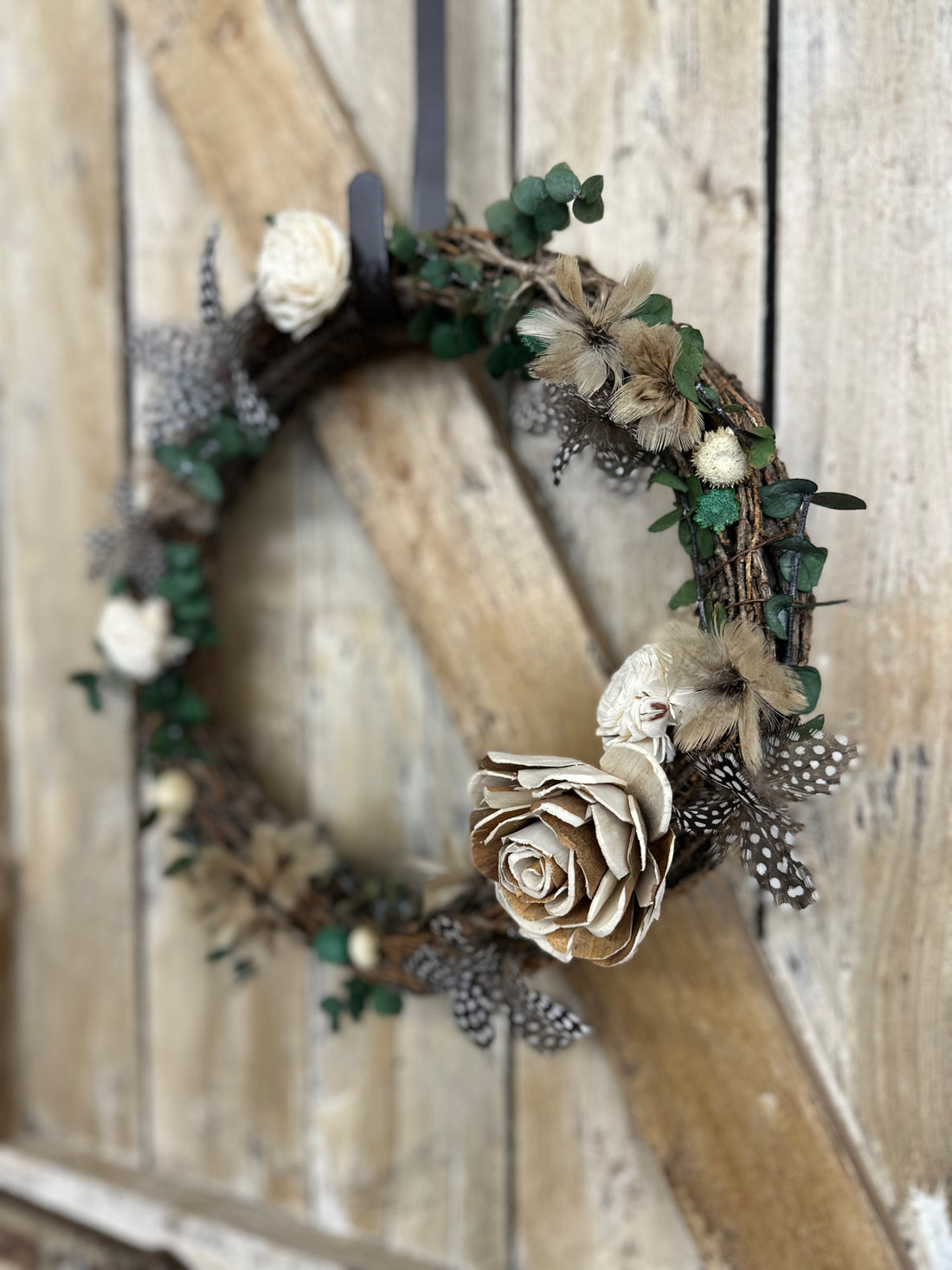 Pheasant + Guinea Fowl Feather Floral Wreath