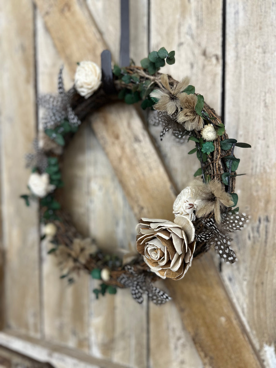 Pheasant + Guinea Fowl Feather Floral Wreath
