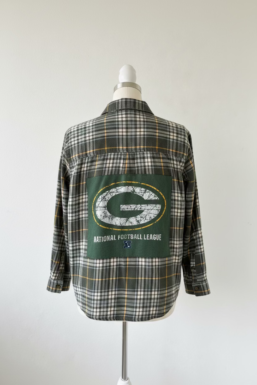 Repurposed Flannel Shirt with Green Bay Patch