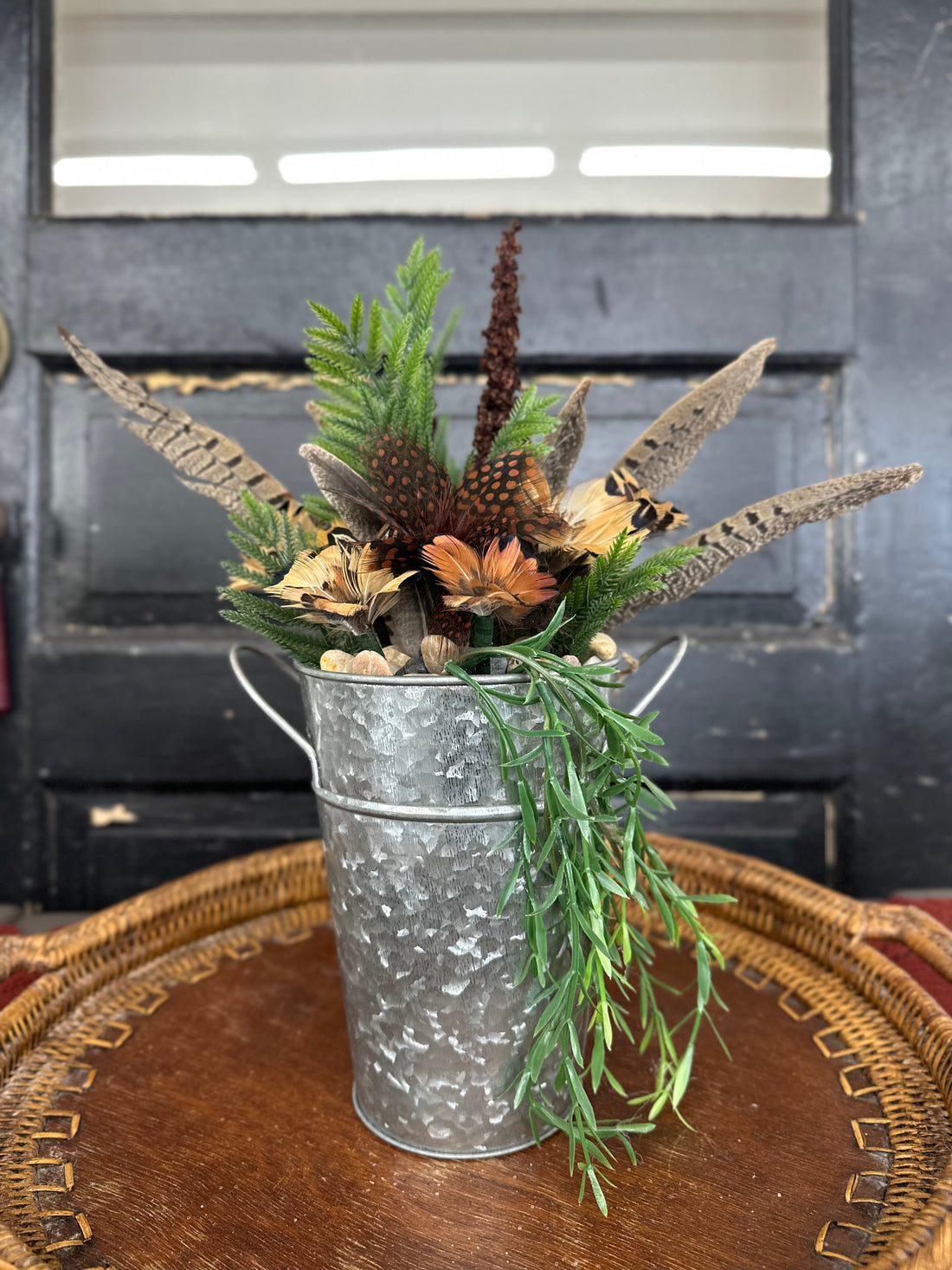 Pheasant Feather Flower Spring Arrangement in Metal Planter