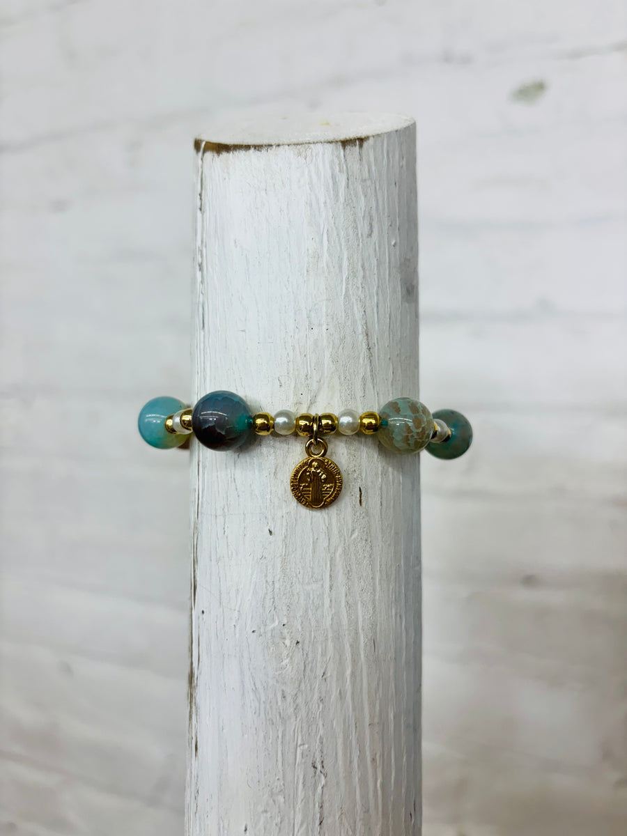 Adjustable Light Blue Beaded Charm Bracelet