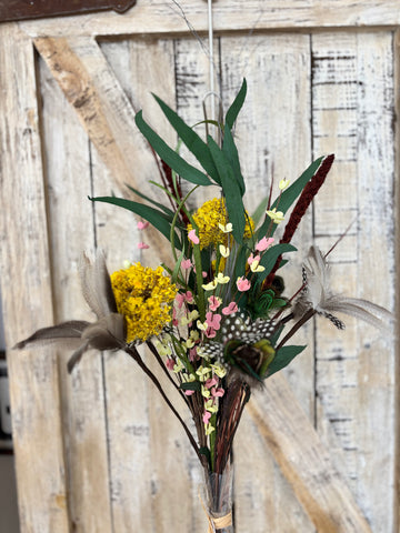Pheasant, Duck, Peacock + Guinea Fowl Feather Flower Bouquet - Yellow