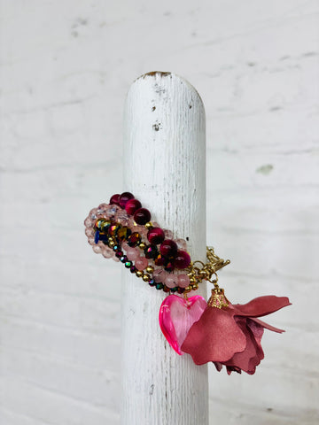 Multi Strand Pink Beaded Bracelet - Heart + Flower