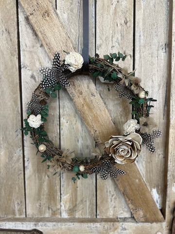 Pheasant + Guinea Fowl Feather Floral Wreath
