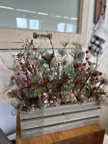 Pheasant Feather Flower Winter Arrangement - Crate