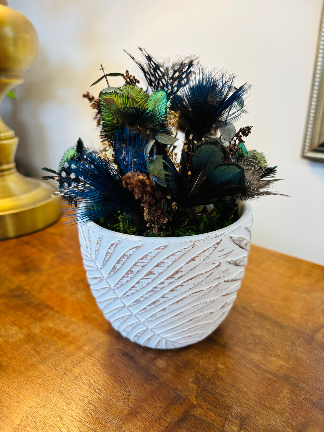 Pheasant + Duck + Guinea Fowl + Peacock Feather Flower Arrangement - White Leaf Pot