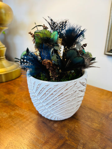 Pheasant + Duck + Guinea Fowl + Peacock Feather Flower Arrangement - White Leaf Pot