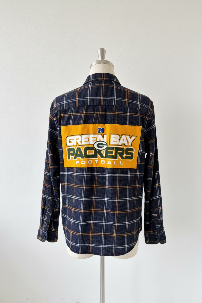 Repurposed Flannel Shirt with Green Bay Packers Patch